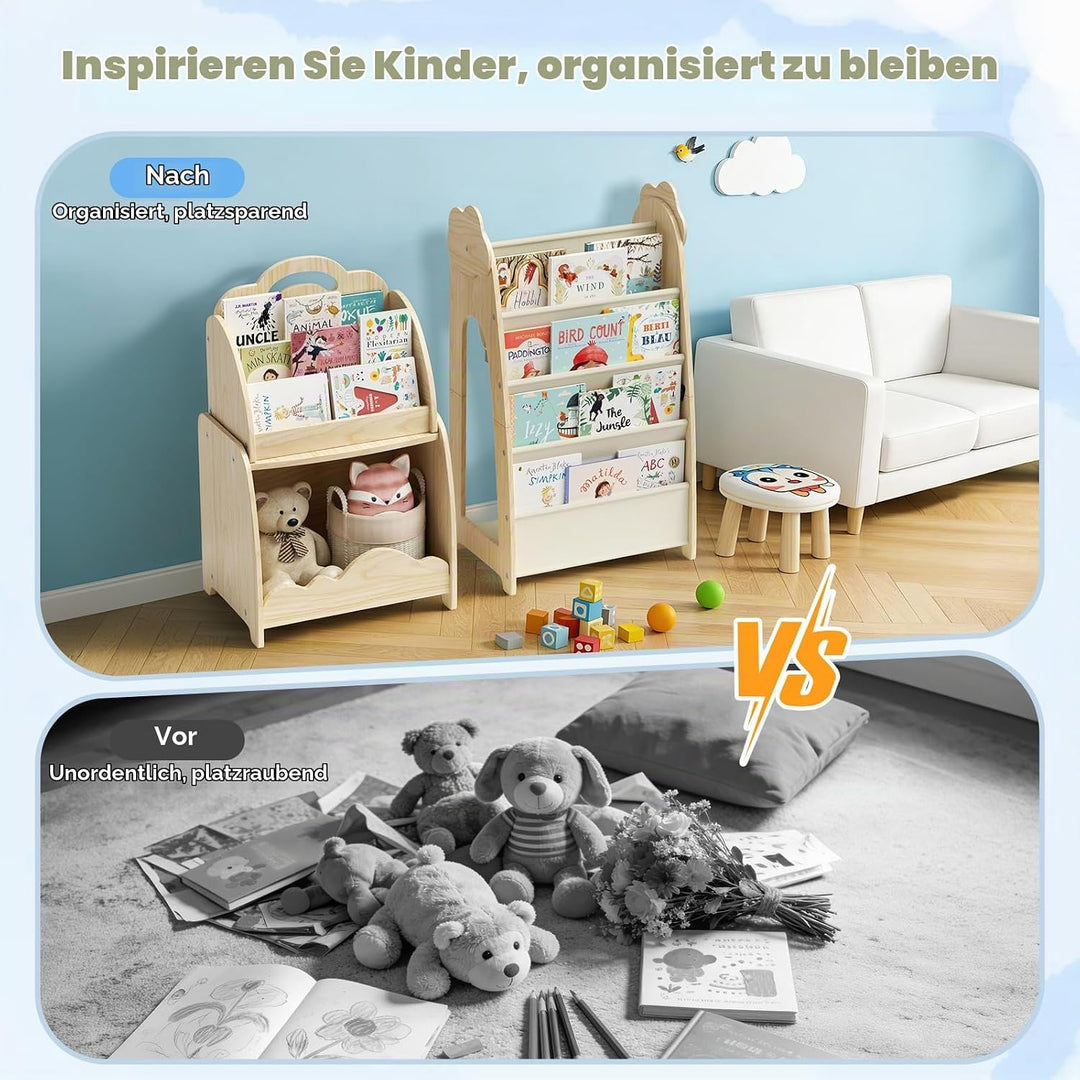 3-in-1 Kinderregal, Holz Kinder Bücherregal mit Spielzeugregal &amp; Hängetasche &amp; Offenem Fach, Tragbar