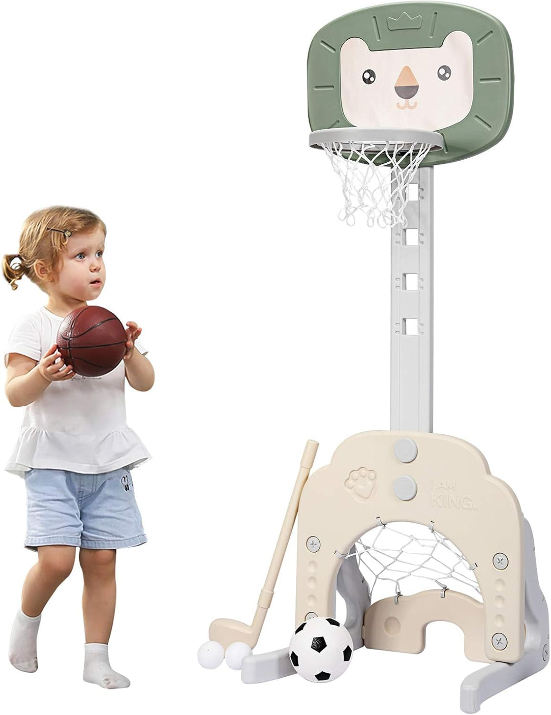 COSTWAY 3 in 1 Kinder Spielplatz, höhenverstellbarer Basketballkorb & Fussballtor & Golf, Basketball