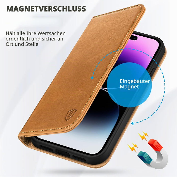 SHIELDON Hülle für iPhone 14 Pro Max Schutzhülle [Rindsleder] [Stossfest ] [Kartenfach] [Magnetversc