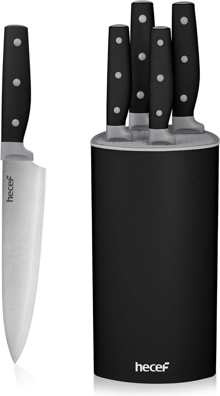 hecef Messerset, 6-tlg Universal Messerblock mit Messer, Scharf Edelstahl Messer Set mit dreifach ve