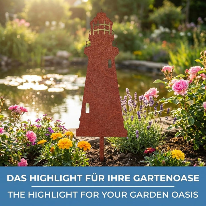 Edelrost Leuchtturm Beetstecker-Rostdeko/Teichdeko aus hochwertigem Cortenstahl für Garten, Teich -