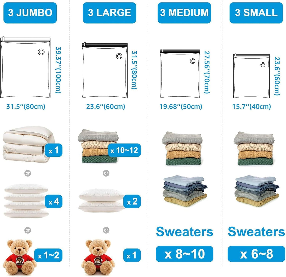 BoxLegend Vakuumbeutel 12 Stück 3XL*100 x 80 + 3L*80x60 + 3M*70x50 + 3S*60x40cm Aufbewahrungsbeutel