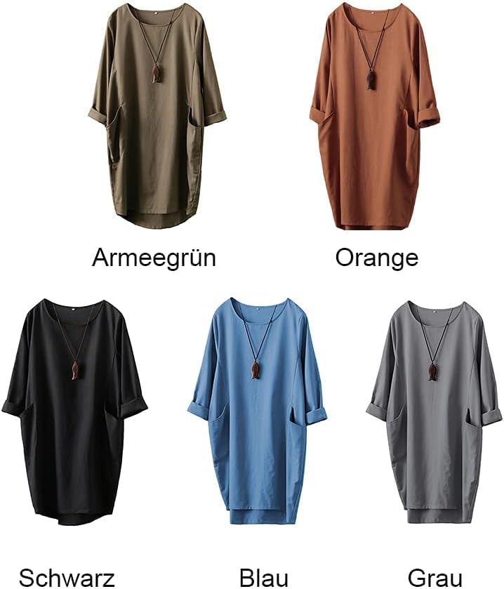 FTCayanz Damen T-Shirt Tunika Kleid Langes Leinenkleider Elegant Langarm Blusenkleid Mini Kleider M