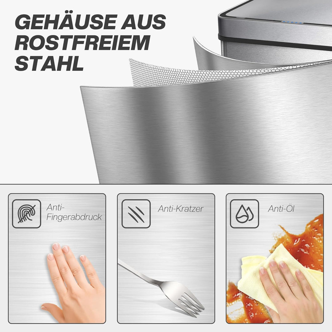 HOMCOM Mülleimer mit Sensor 60L Edelstahl Leiser Automatischer Abfalleimer mit Soft-Close-Deckel, Fi