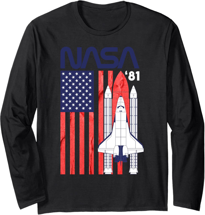 NASA Shuttle And Full American Flag Poster Langarmshirt