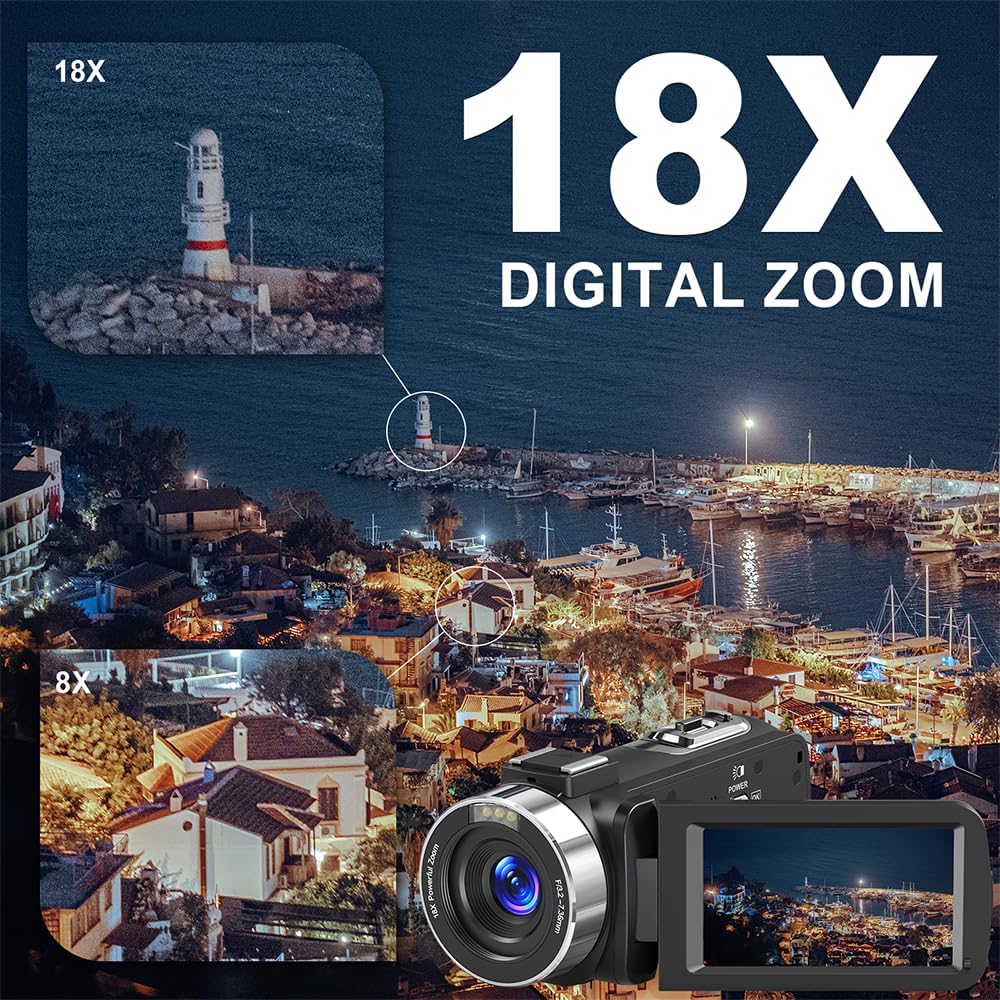 Videokamera 8K 64MP Camcorder 18X Digitalzoom IR Nachtsicht Vlogging Kamera, 3,0 Zoll UHD Touchscree