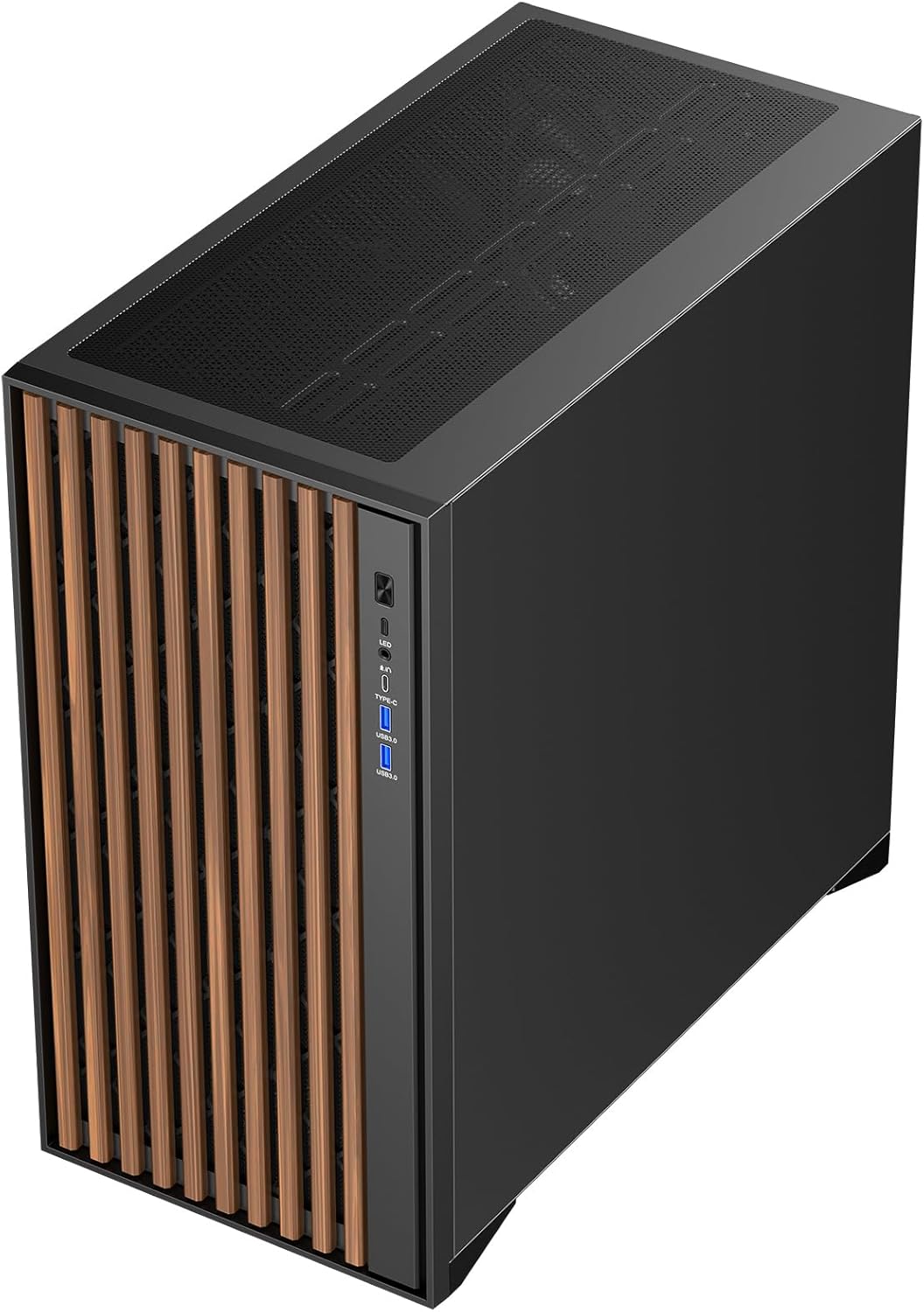 Itek Case Woody - Gaming Tower, ATX, 3x14cm Black Fan, 2xUSB3, Type-C, Wood Front, Temp Glass Side P