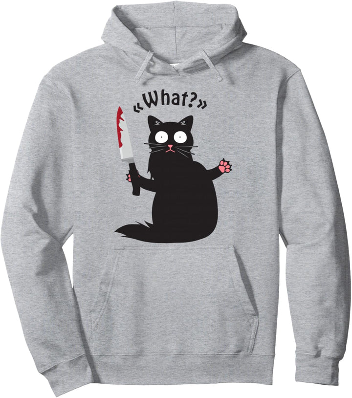 Cat What? Funny Black Cat Shirt Fun Murderous Cat With Knife Pullover Hoodie