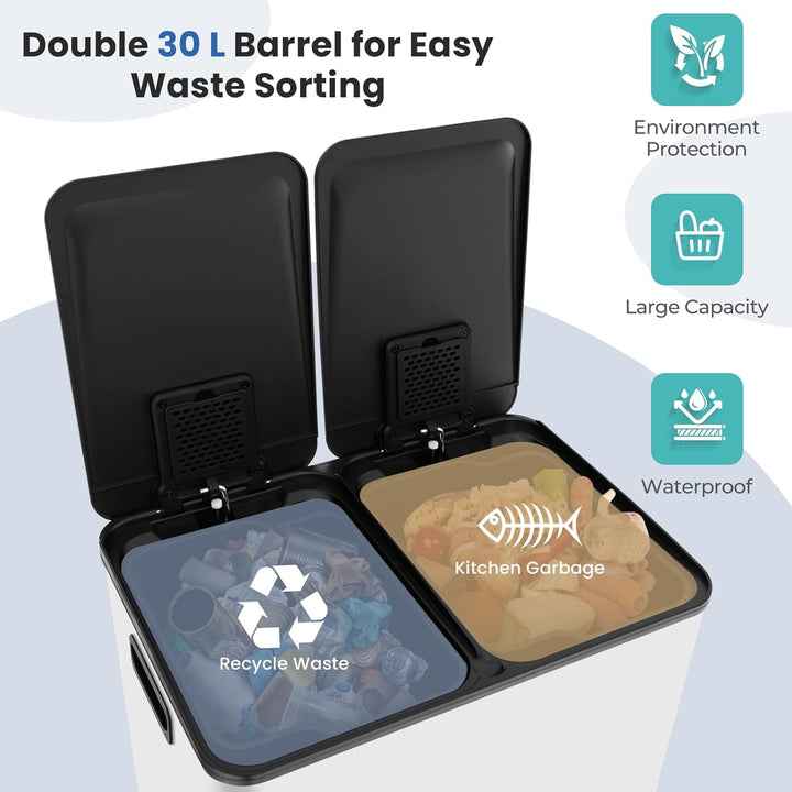 LIFEZEAL 60 L Mülleimer, Abfalleimer für Mülltrennung mit 2 Fächern, Müllsammler mit Deodorant, Deck