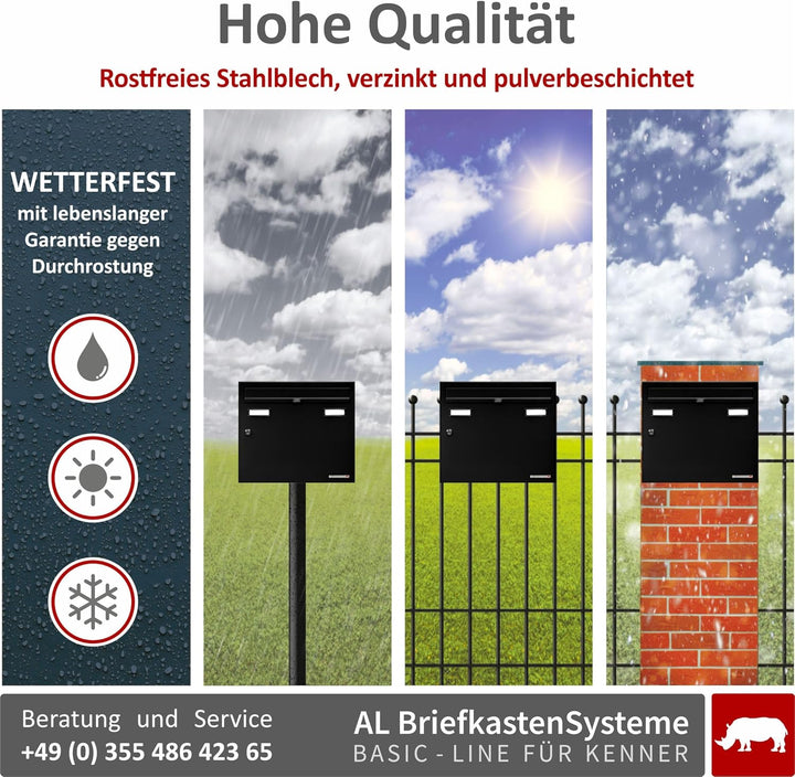 AL Briefkastensysteme Basic 3er Briefkasten RAL 9005 Tief Schwarz 3 Fach DIN A4 wetterfest Briefkast