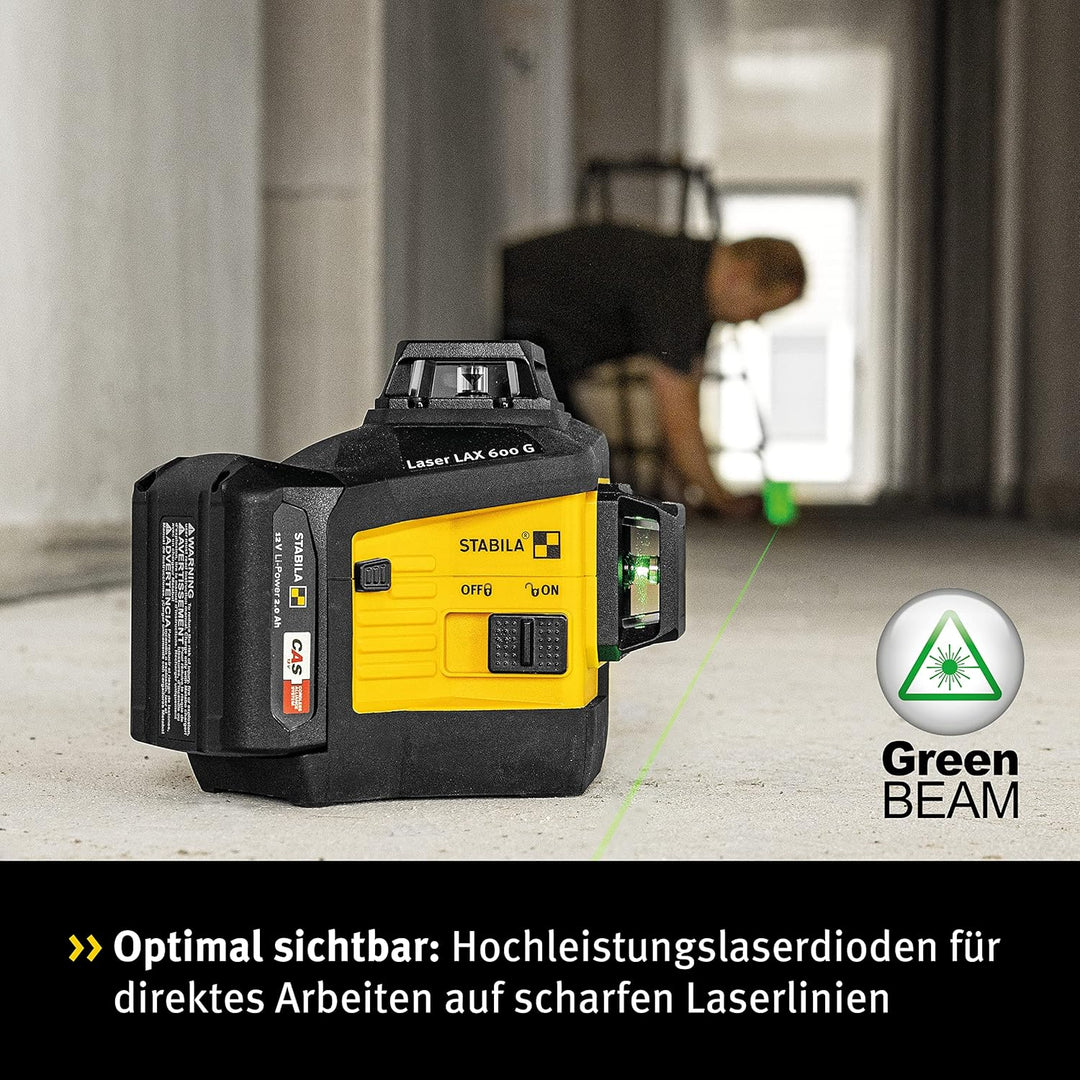 Stabila 12-V-System Kreuzlinienlaser LAX 600 G, selbstnivellierend, 3 x 360° grüne Laserlinien, max.