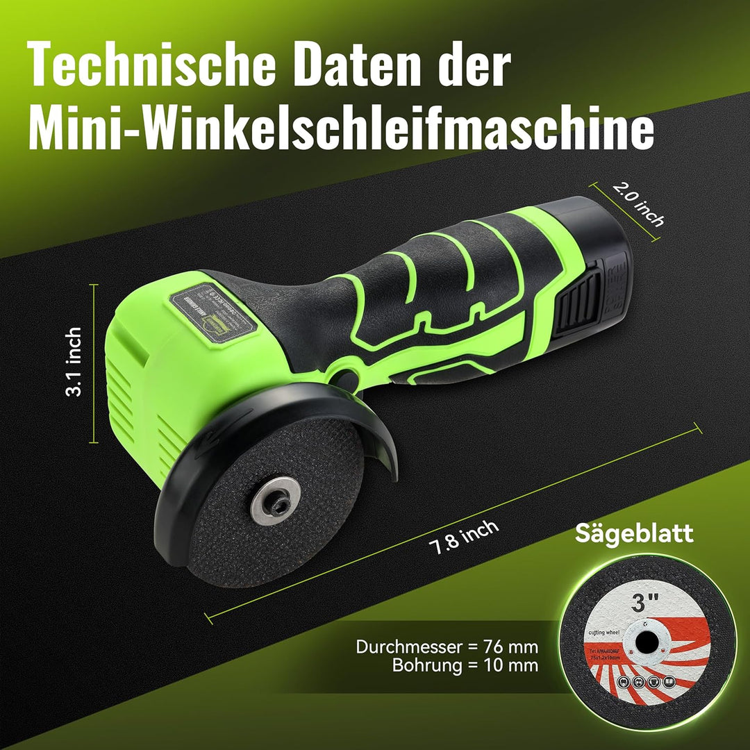DEWINNER Akku-Winkelschleifer 19 500 U/min - 76mm Schleifscheibe, 2 Akkus 2000mAh, 6 Schneidscheiben