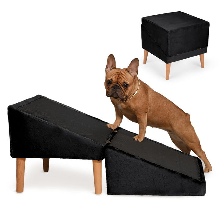 VELORA H&amp;L Hunderampe Schwarz - 2in1 Hundetreppe und Sitzhocker, Klappbare Einstiegshilfe für Sofa u