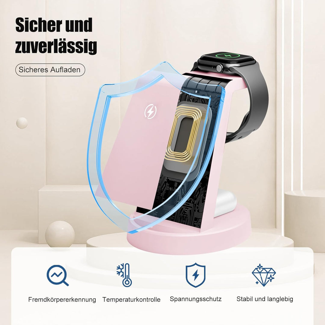 3 in 1 Ladestation Kabellos, 15W Schnellladegerät Wireless Charger Ständer für iPhone 17 Pro Max 16