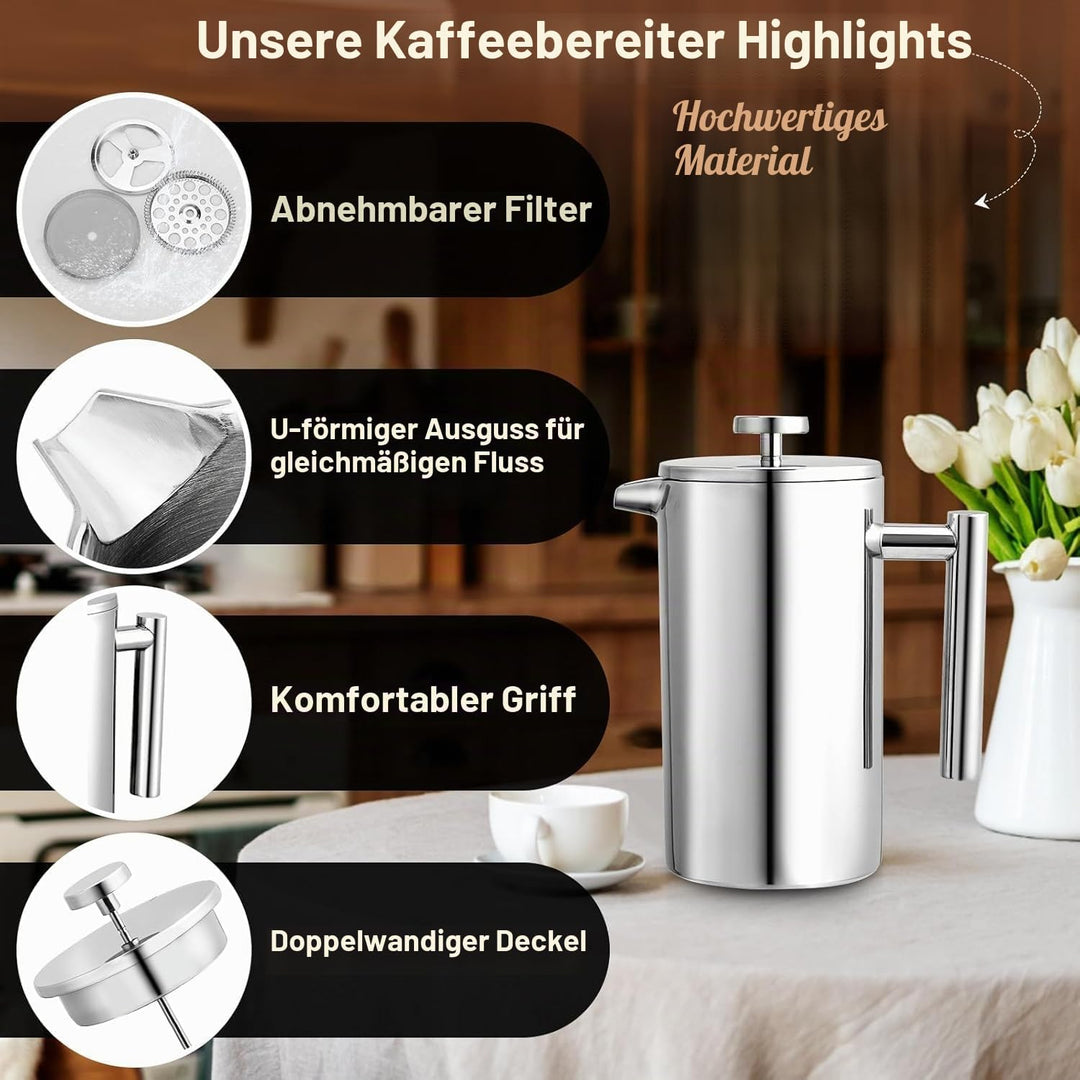 Kaffeebereiter French Press 1,5 Liter Kaffeezubereiter aus Edelstahl, Doppelwandig Isoliert French P