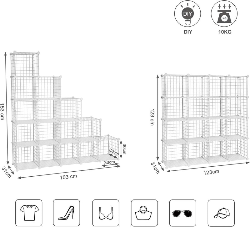 SONGMICS Steckregal, 16 Würfel Aufbewahrungssystem aus Metalldraht, DIY Schrank, modular, Gitterrega