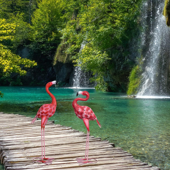 AOFOX Flamingo-Gartenstatuen und Skulpturen, 2 Stück Metall, grosse rote Flamingo-Vogelgarten-Kunst-