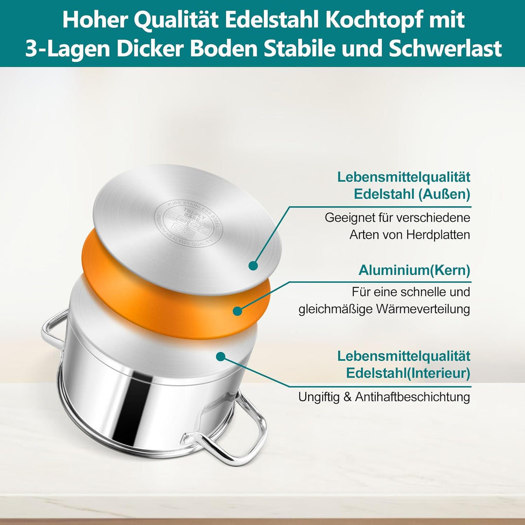 Homikit Kochtopf 20cm Gross, Edeastahl Topf Nudeltopf Induktion mit Glasdeckel, 3,8L Suppentopf Flei