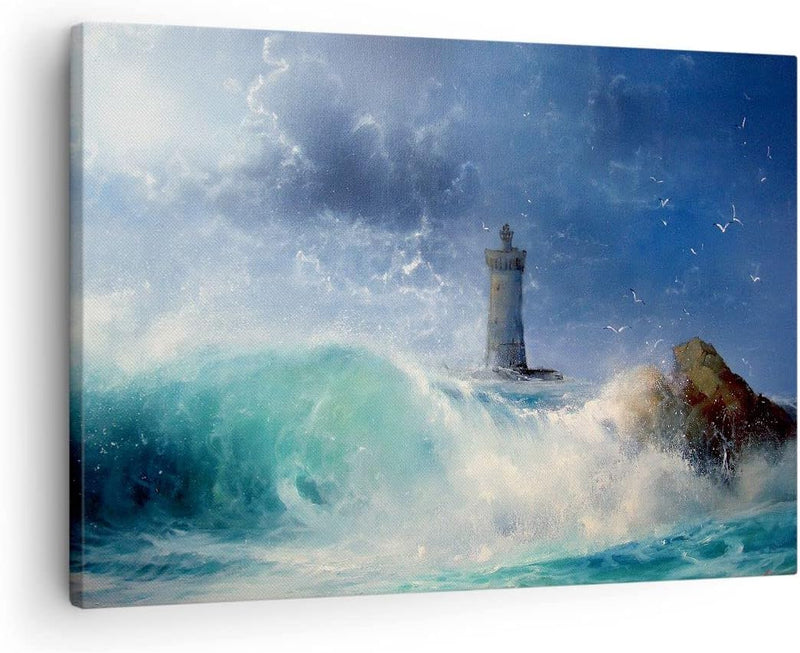 Bilder auf Leinwand Leuchtturm Meer Leinwandbild mit Rahmen 70x50cm Wandbilder Dekoration Wohnzimmer