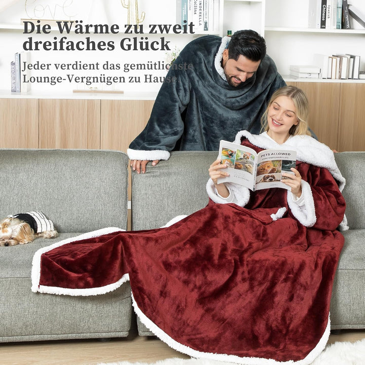 Winthome Kuscheldecke mit Ärmeln Dick, Wolldecke Warm Winter, Sherpa Decke mit Tasche, Fleecedecke W