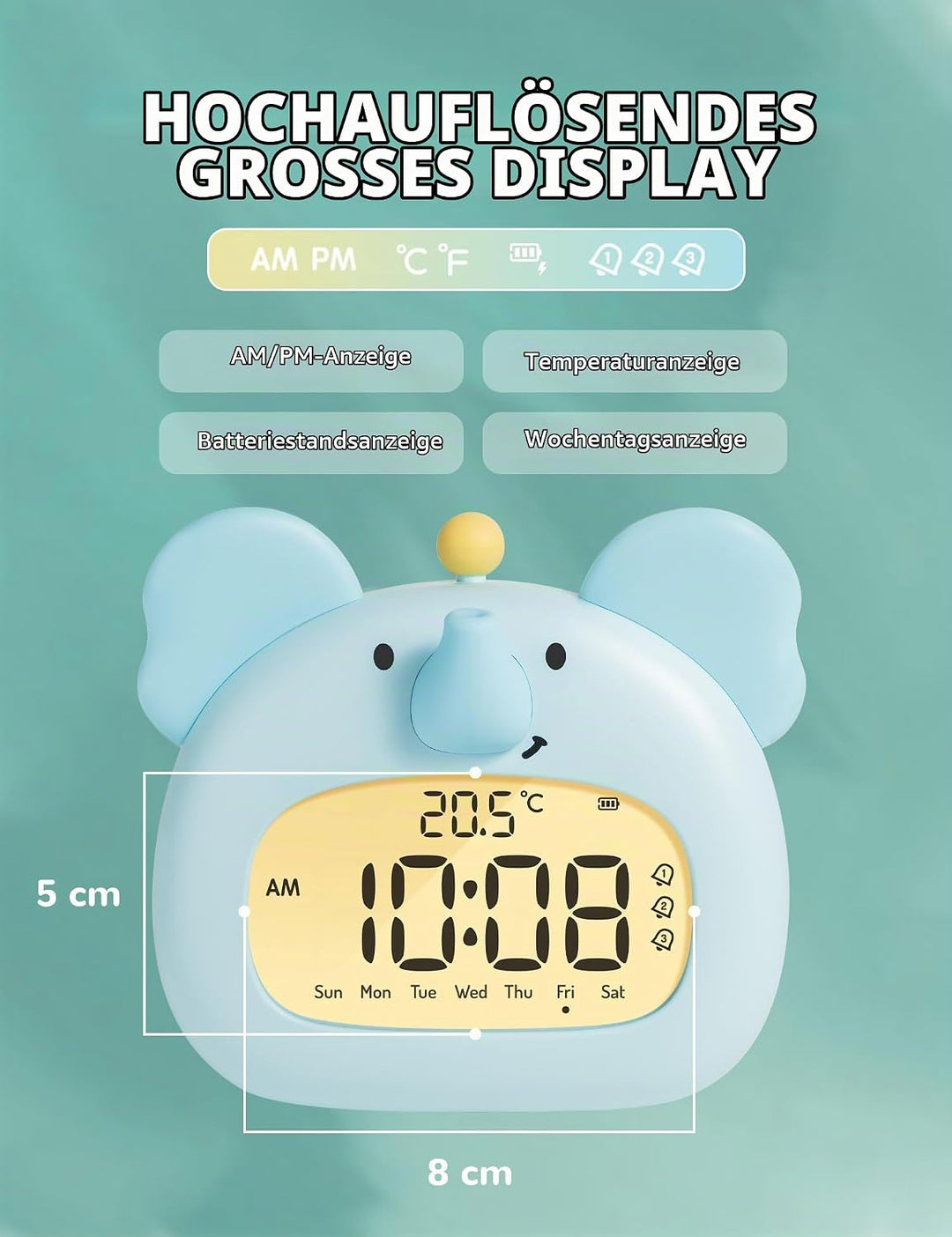 IHALO Elefanten Deko Kinderwecker, Nachttischwecker mit Nachtlicht, Digitales LED-Display, 3,15 Zoll