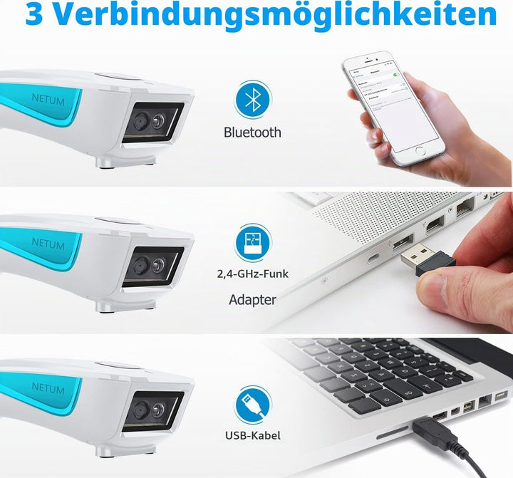 NETUM Upgrade Mini Wireless QR Barcode Scanner, 3 in 1 Bluetooth Tragbare Tasche Kleiner 1D 2D Stric