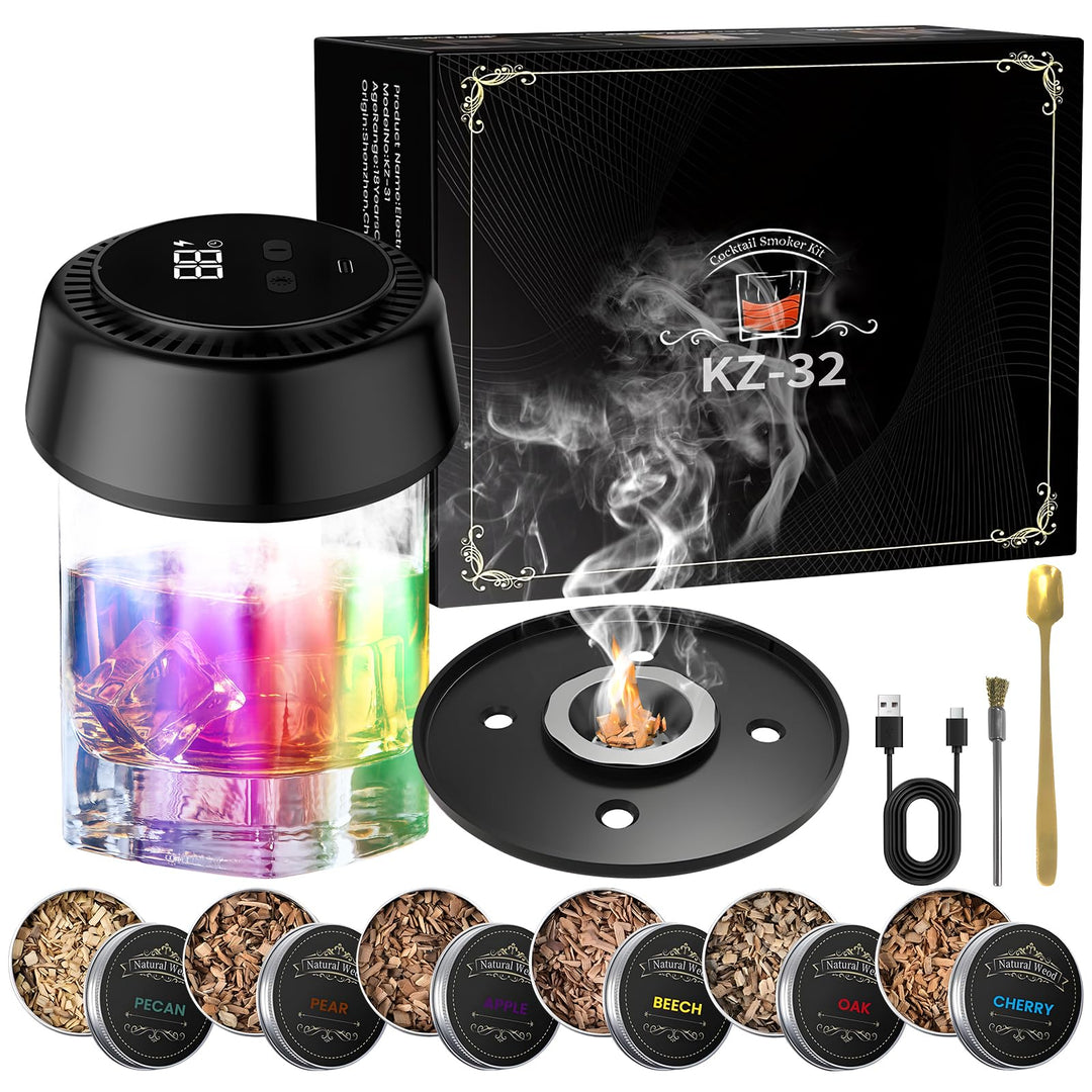 Elektrischer Whiskey Smoker Set, Cocktail Smoker Kit mit LED-Beleuchtung, Altmodisch Whiskey Räucher