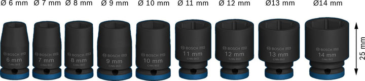 Bosch 9x PRO Impact Steckschlüsseleinsatz-Set (31 x 28 mm, Professional Zubehör Bohrer und Schrauber