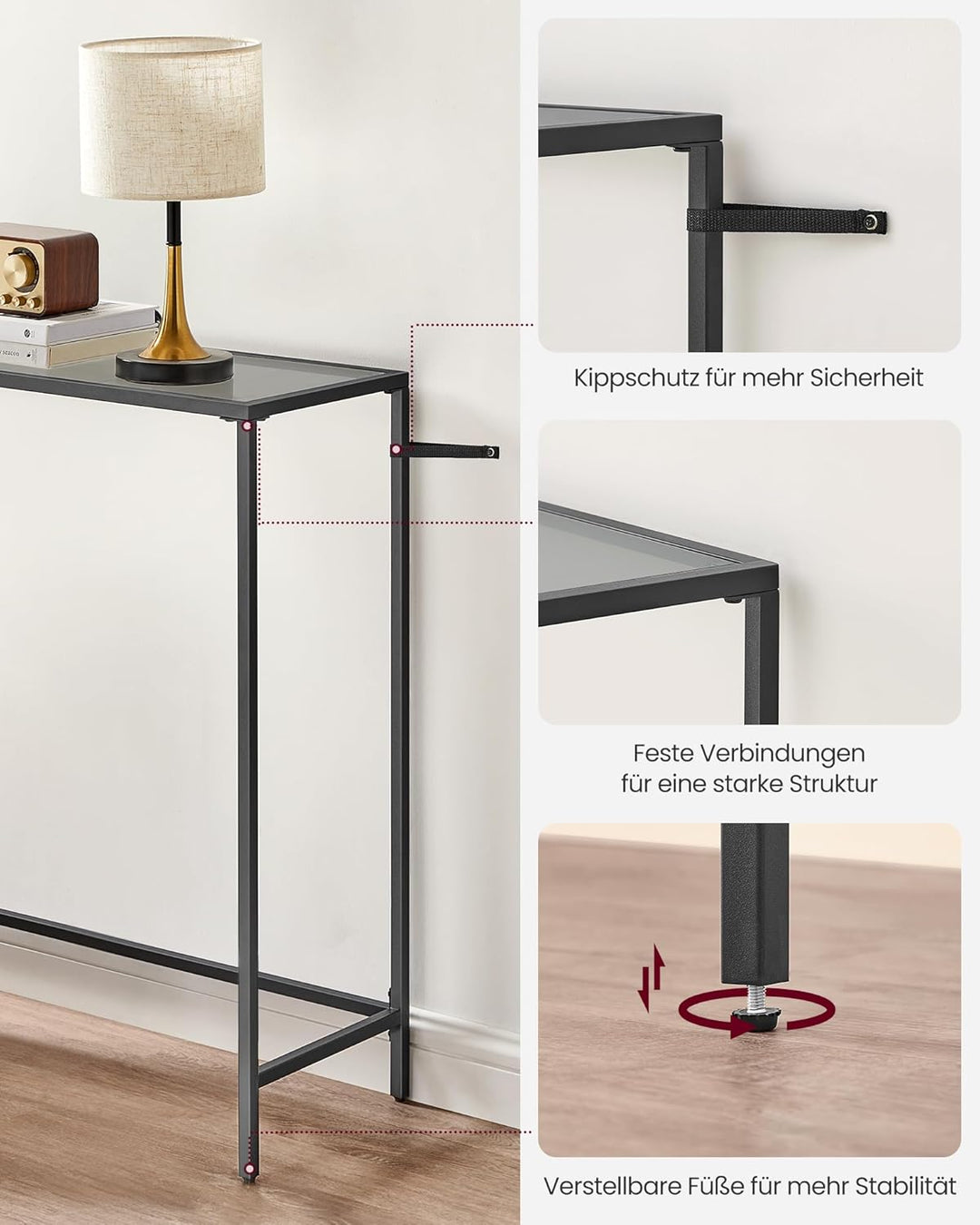 VASAGLE Konsolentisch, Beistelltisch, Oberfläche aus Hartglas, moderner Sofatisch, einfacher Aufbau,