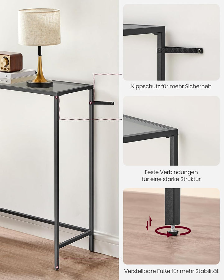 VASAGLE Konsolentisch, Beistelltisch, Oberfläche aus Hartglas, moderner Sofatisch, einfacher Aufbau,