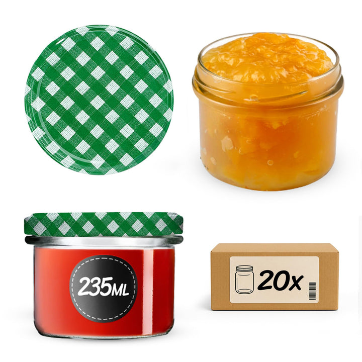 KADAX 20er Set Marmeladengläser 235ml TO82 Grün kariert, Einmachgläser Vorratsgläser Mason Jar mit S