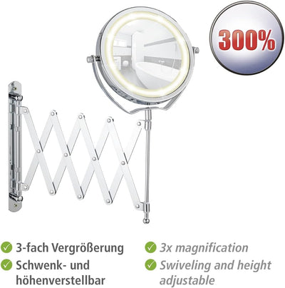 WENKO LED Kosmetikspiegel Brolo - Wandspiegel, höhenverstellbar, schwenkbar, Stahl, 18.5 x 38.5 x 45