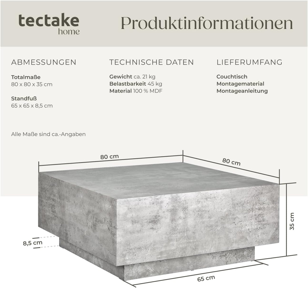 tectake® Couch Tisch, Room Decor in Beton Optik, Tisch Wohnzimmer, moderner Couchtisch, Beistelltisc