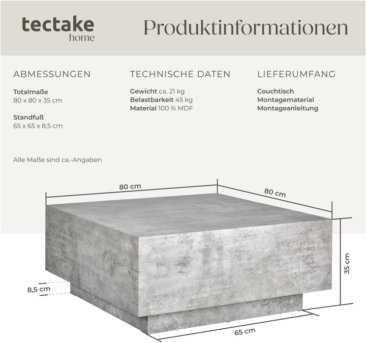 tectake® Couch Tisch, Room Decor in Beton Optik, Tisch Wohnzimmer, moderner Couchtisch, Beistelltisc