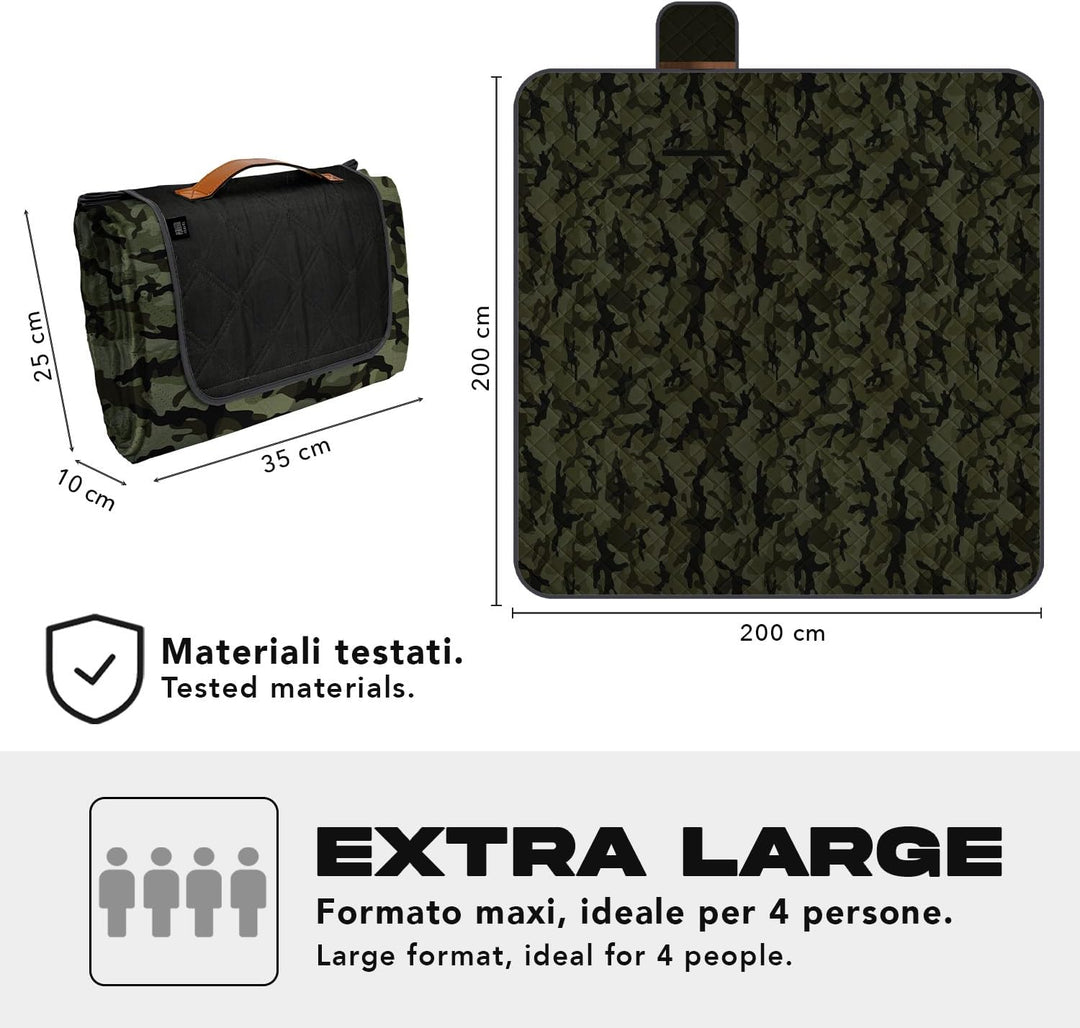 PERLETTI Picknickdecke Wasserdicht Faltbar Gross 200x200 - Outdoor Camping Decke mit Tragegurt - Str