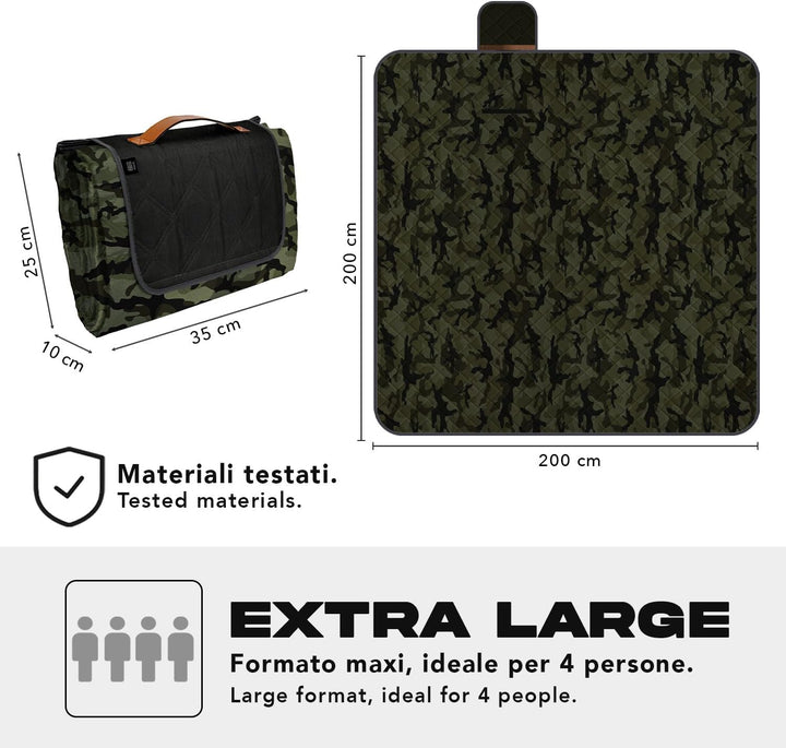 PERLETTI Picknickdecke Wasserdicht Faltbar Gross 200x200 - Outdoor Camping Decke mit Tragegurt - Str