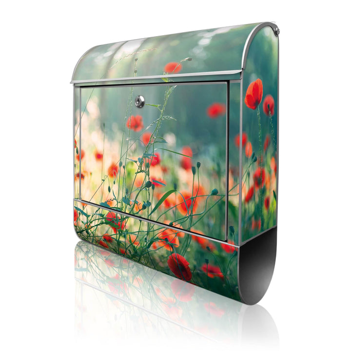 banjado® Design Briefkasten mit Motiv Waldmohn 39x47x14cm &amp; 2 Schlüssel - Briefkasten Stahl Silber m