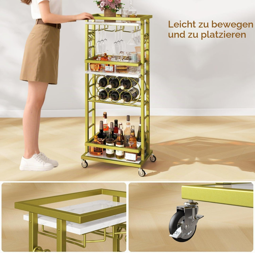 IBUYKE 4 Ebenen Weinregal mit Rollen,Freistehend Weinregal, Barwagen für Spirituosen, Whisky und Wei