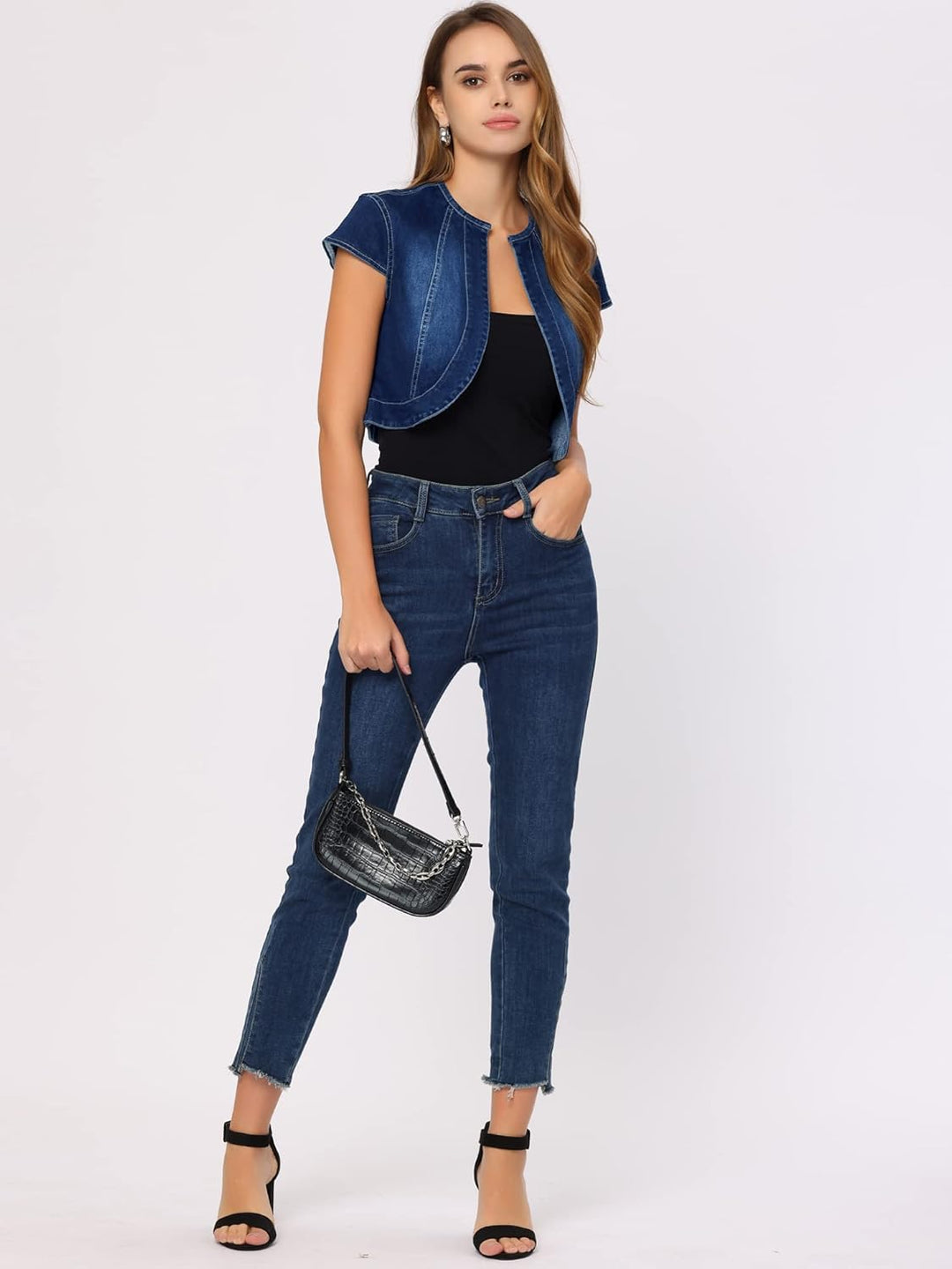 Allegra K Damen Kurz Jeansjacke Bolero Kurzarm Flügelärmeln Elegant Crop Denim Jacke XL Dunkel Blau,
