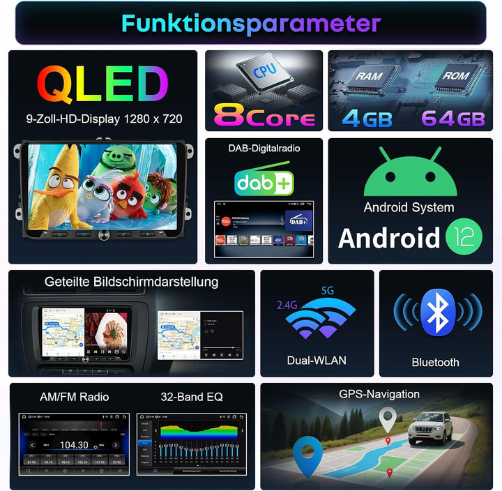 Android DAB Autoradio mit Bildschirm 8Core für VW Golf 5 6 T5 Polo 6R Caddy Skoda Seat Passat, 4G+64