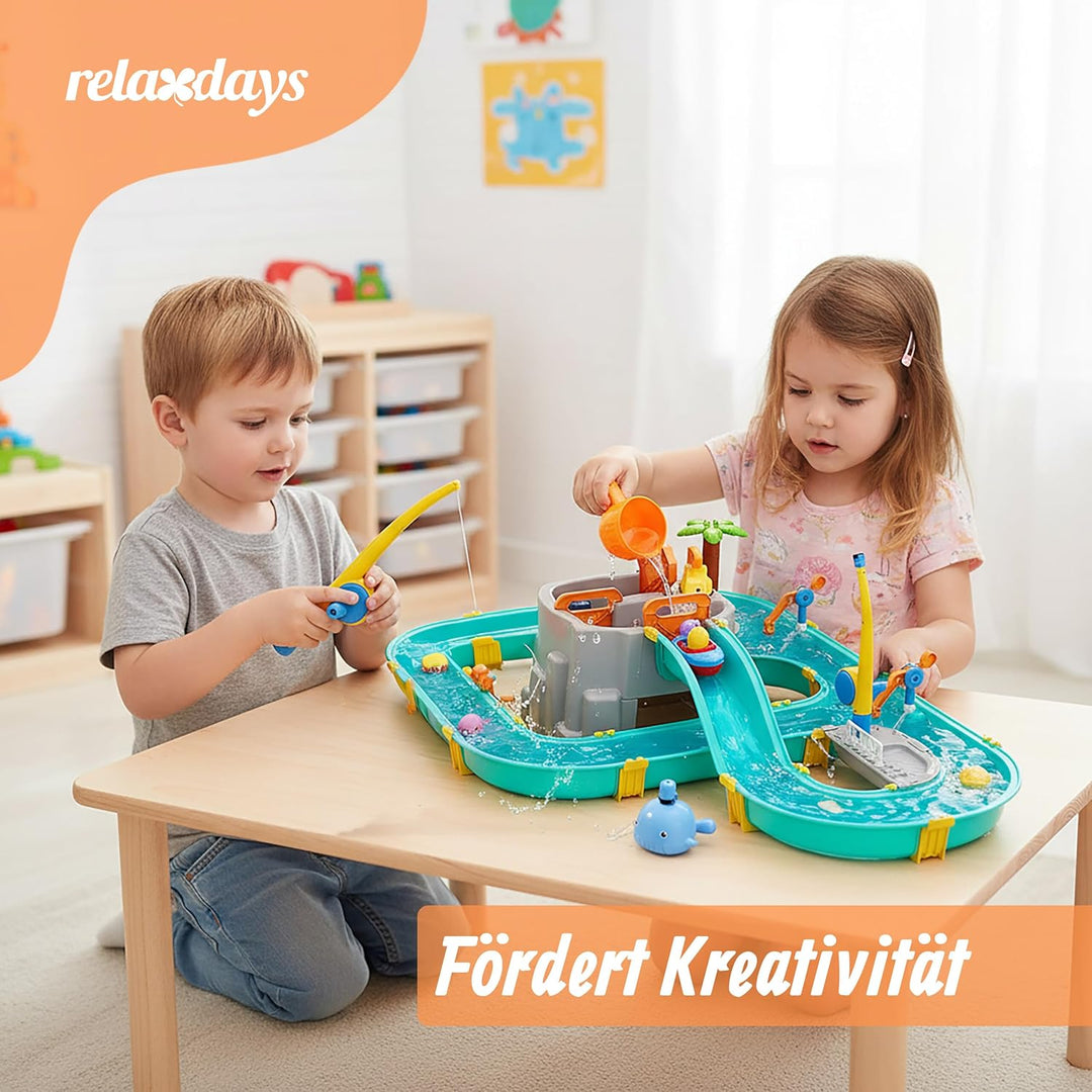 Relaxdays Wasserbahn Kinder, HBT: 71x71x101 cm, Outdoor, Wasserspielbahn, Boote &amp; Angel, Wasserstras