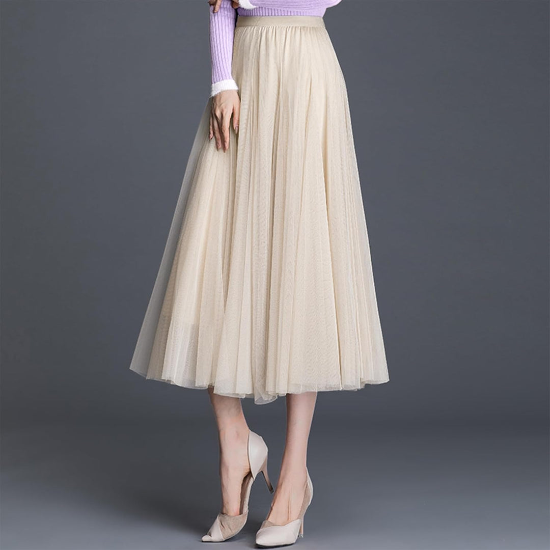 Damen Tüllrock Midi Faltenrock Hoher Bund Schick Rock Elastisch Taille Drapiert Stoff 36-40 Beige, 3