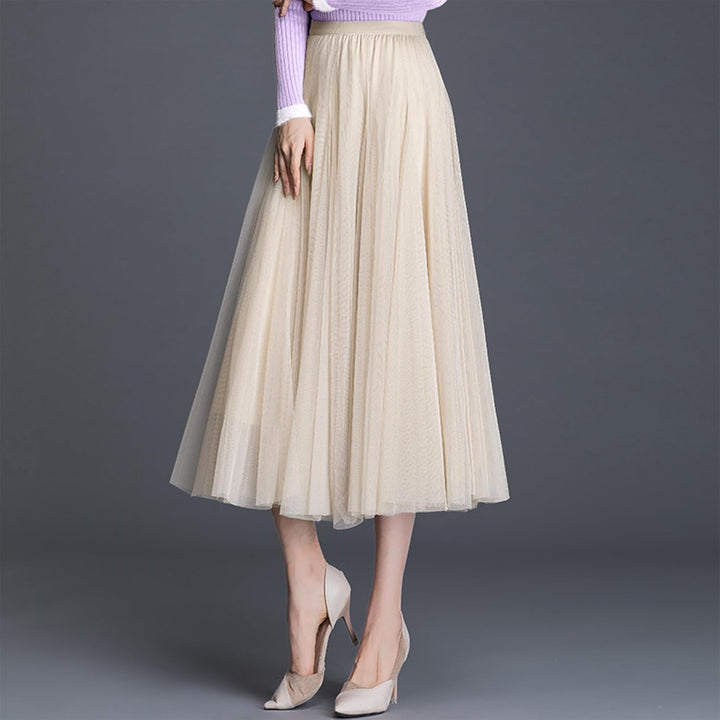 Damen Tüllrock Midi Faltenrock Hoher Bund Schick Rock Elastisch Taille Drapiert Stoff 36-40 Beige, 3