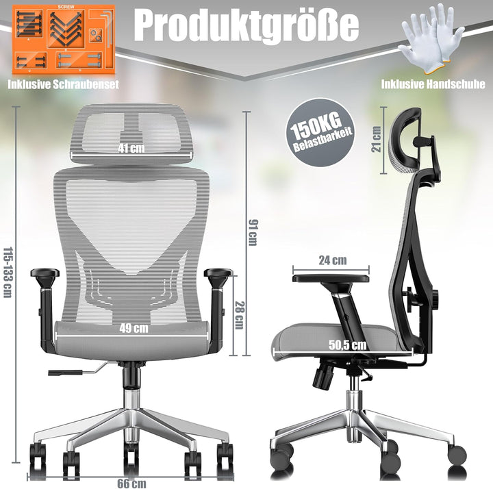 KESSER® Bürostuhl Ergonomisch mit verstellbaren Armlehnen | Drehstuhl mit Lendenwirbelstütze Rückens