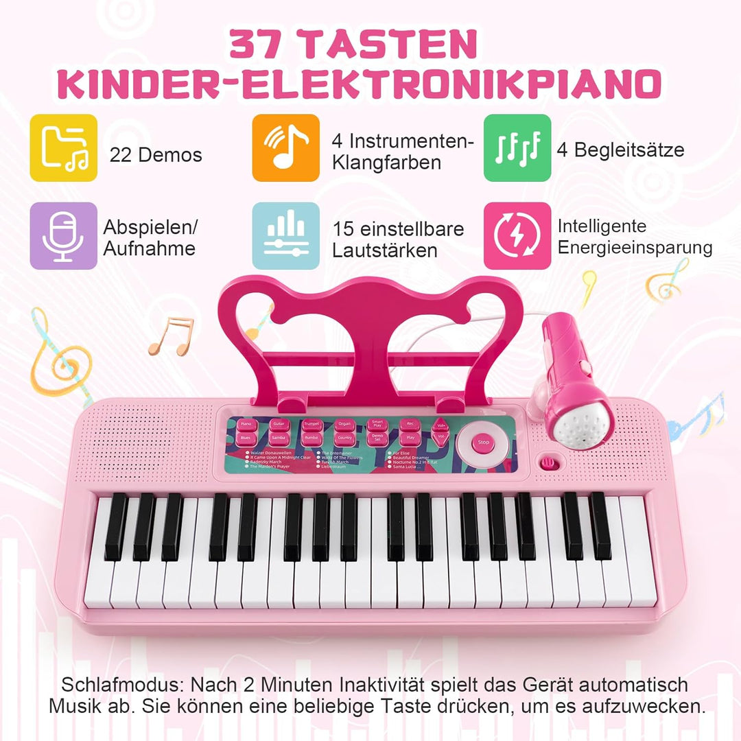 DREAMADE Kinder Keyboard, 37 Tasten E-Piano mit Notenständer & Mikrofon & Hocker, Klavier Spielzeug