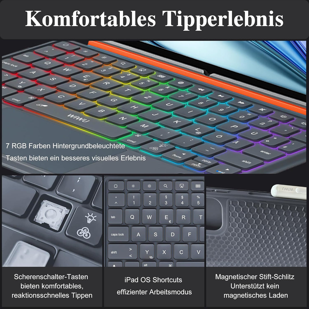 WIWU iPad Hülle mit Tastatur für 11 Zoll A16/10 Gen 3 in 1 Magnetische Abnehmbare Tasche Tastatur St
