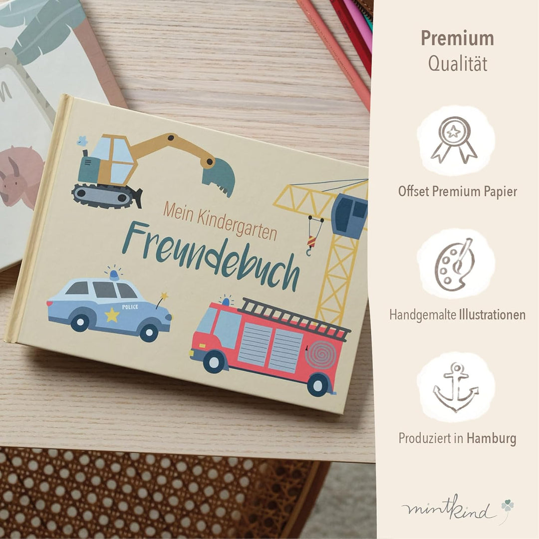mintkind® Freundebuch Kindergarten Fahrzeuge, Freundschaftsbuch Jungen und Mädchen, Ausfüllbuch Kita
