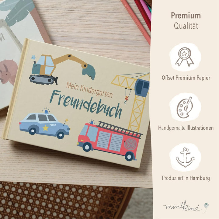 mintkind® Freundebuch Kindergarten Fahrzeuge, Freundschaftsbuch Jungen und Mädchen, Ausfüllbuch Kita