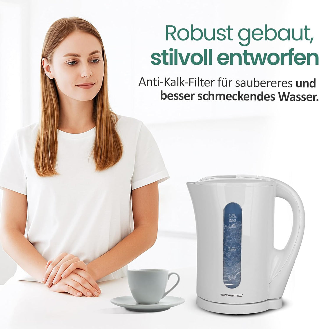 Emerio Wasserkocher BASIC | Kunststoff BPA frei | 1.7L Volumen mit beleuchtetem Ein-/Aus-Schalter |