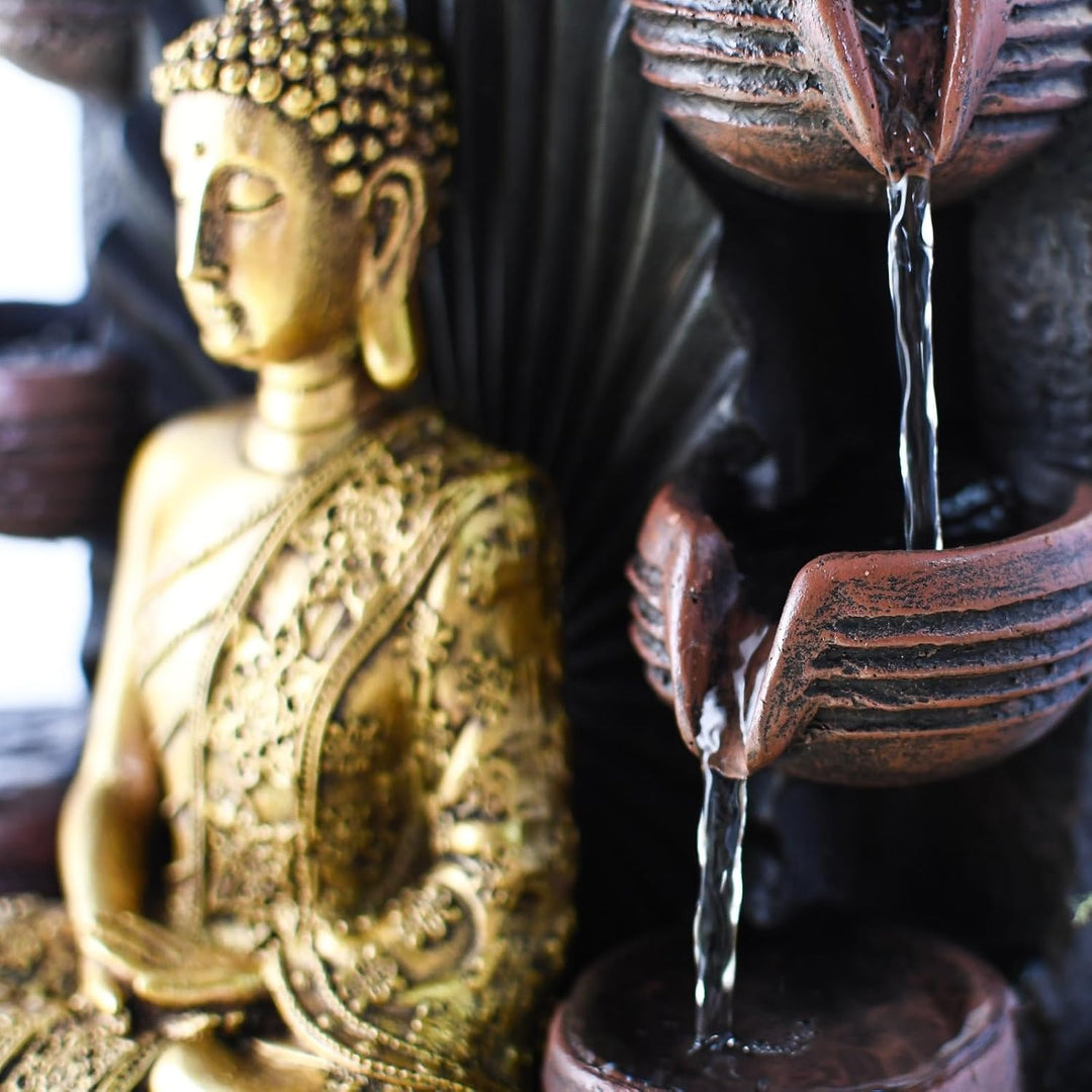 Innenbrunnen Wasserwand Kaskade Buddha Statue Abnehmbares farbenfrohes LED-Licht, Lucky Fountain mit